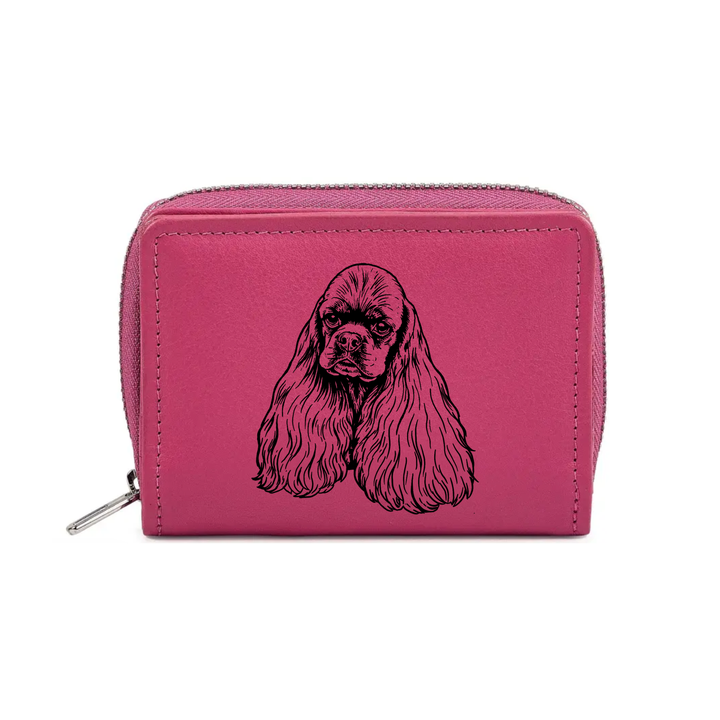 American Cocker Spaniel Face Engraved Small Leather Purse (Green/Pink/Blue/Red)