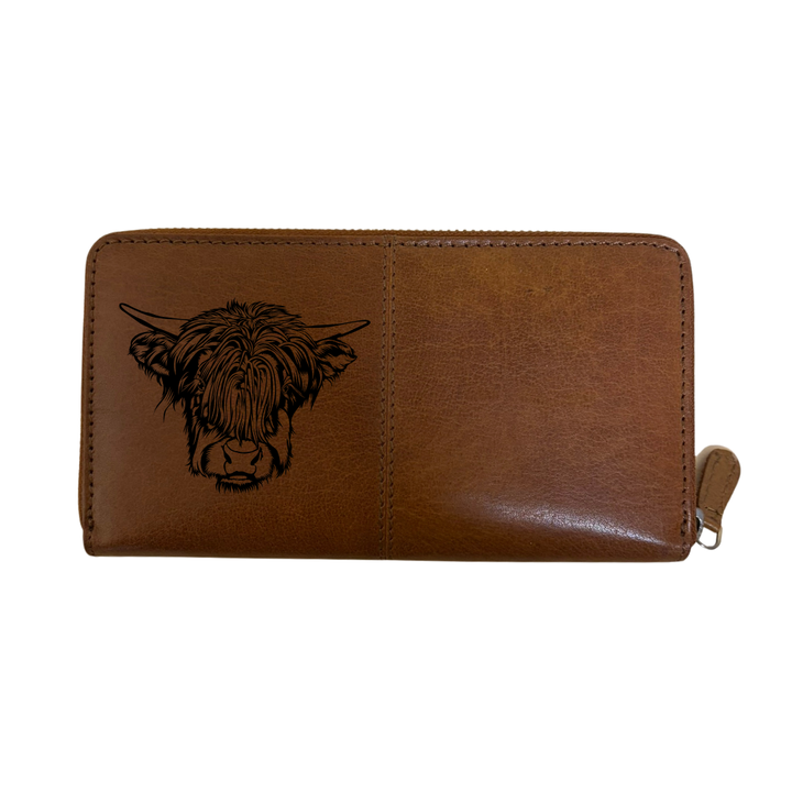 Highland Cow Face Engraved Large Leather Purse