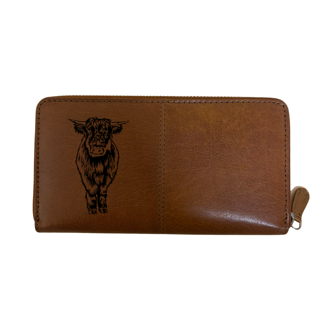 Highland Cow Standing Engraved Large Leather Purse