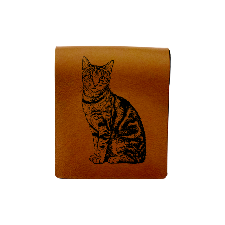 Longhair Tabby Cat Sitting Engraved Genuine Leather Magnetic Bookmark