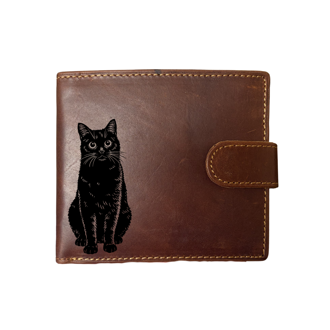 Personalised Black Cat Sitting Engraved Dark Tan Genuine Leather Wallet