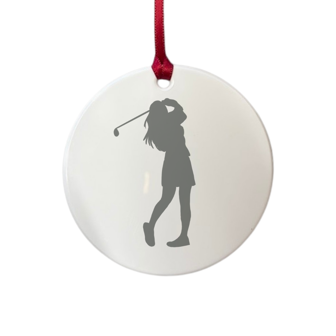 Personalised Lady Golfer Player Sports Silhouette Engraved White Acrylic Decoration