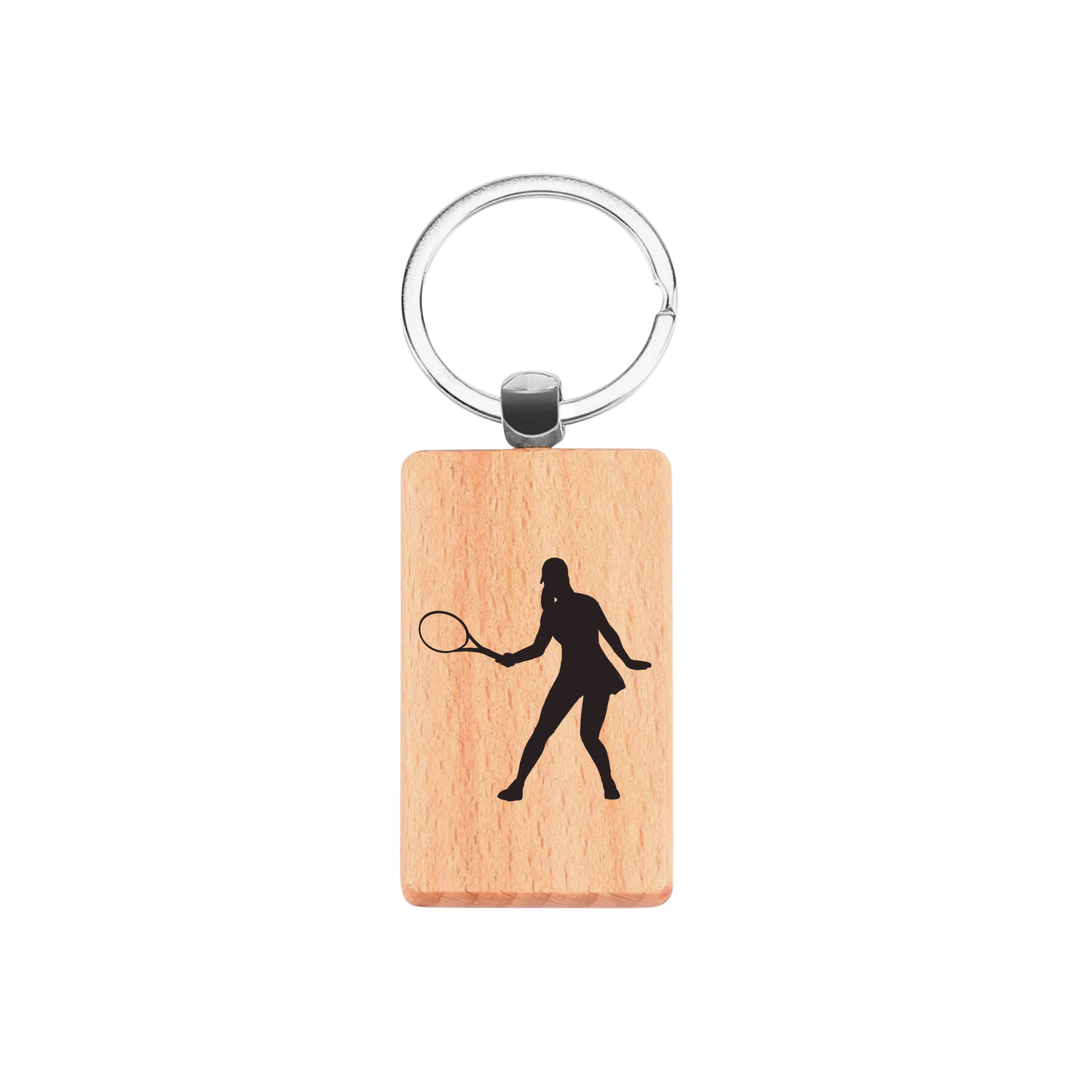 Female Tennis Player Engraved Rectangle Wooden Keyring
