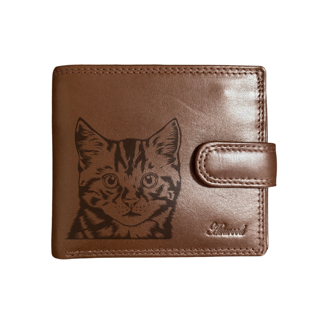Personalised Tabby Cat Face Engraved Dark Tan Genuine Leather Wallet
