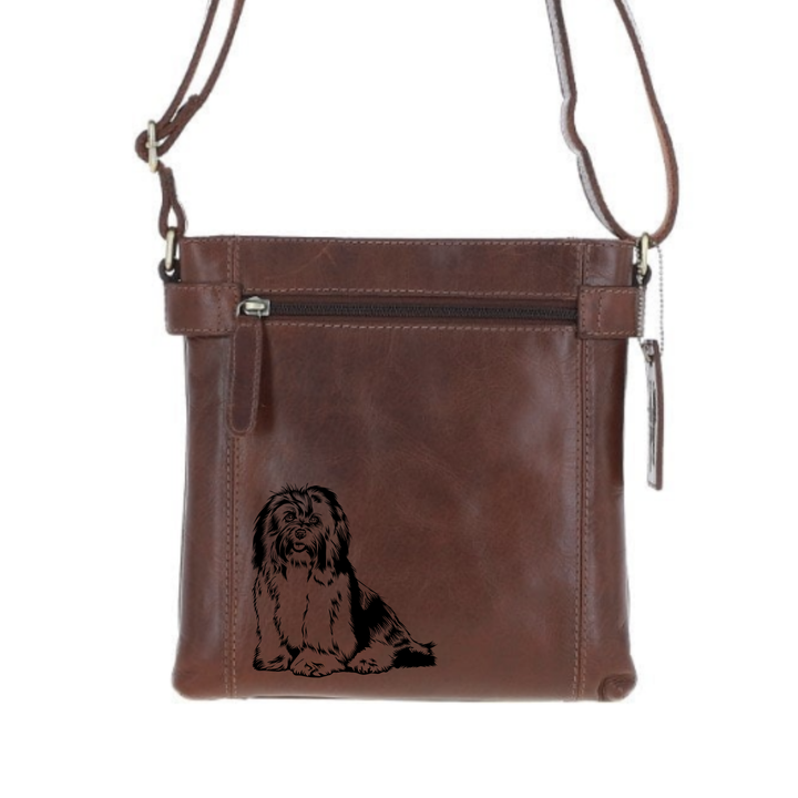 Havanese Engraved Leather Two Section Zip Top Crossbody Bag