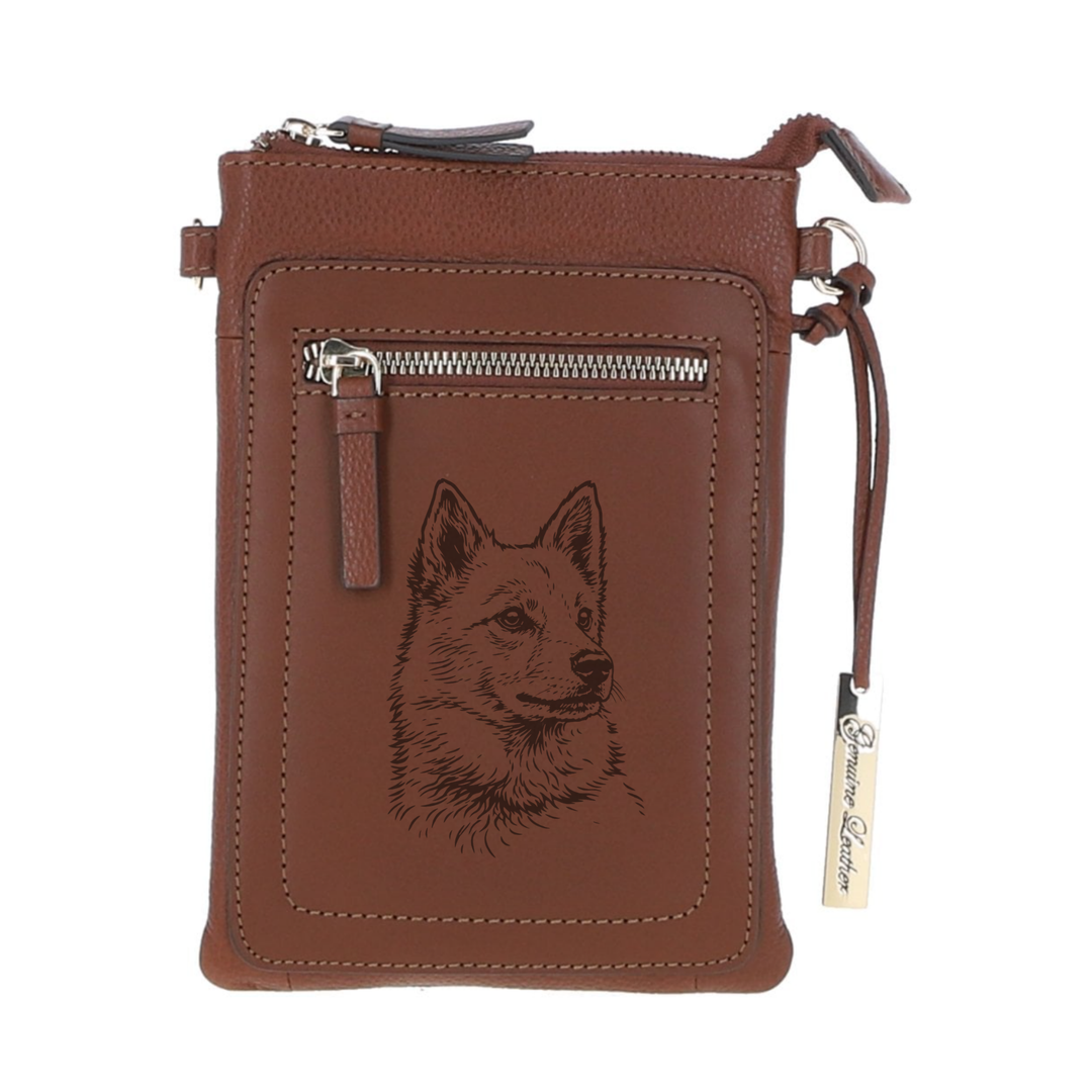 Personalised Finnish Spitz Face Engraved Leather Crossbody Smart Phone Bag