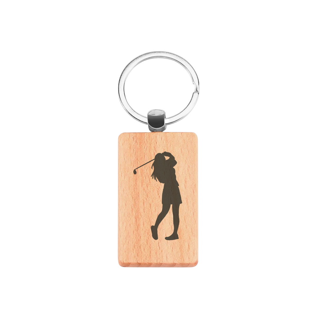Lady Golfer Engraved Rectangle Wooden Keyring