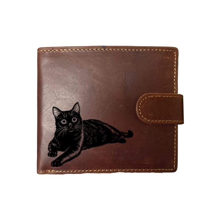Personalised Black Cat LD Engraved Dark Tan Genuine Leather Wallet
