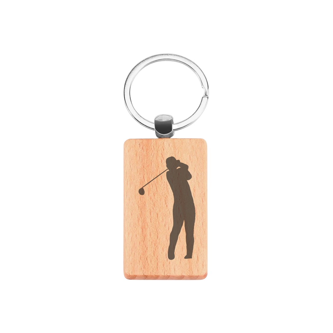 Male Golfer Engraved Rectangle Wooden Keyring