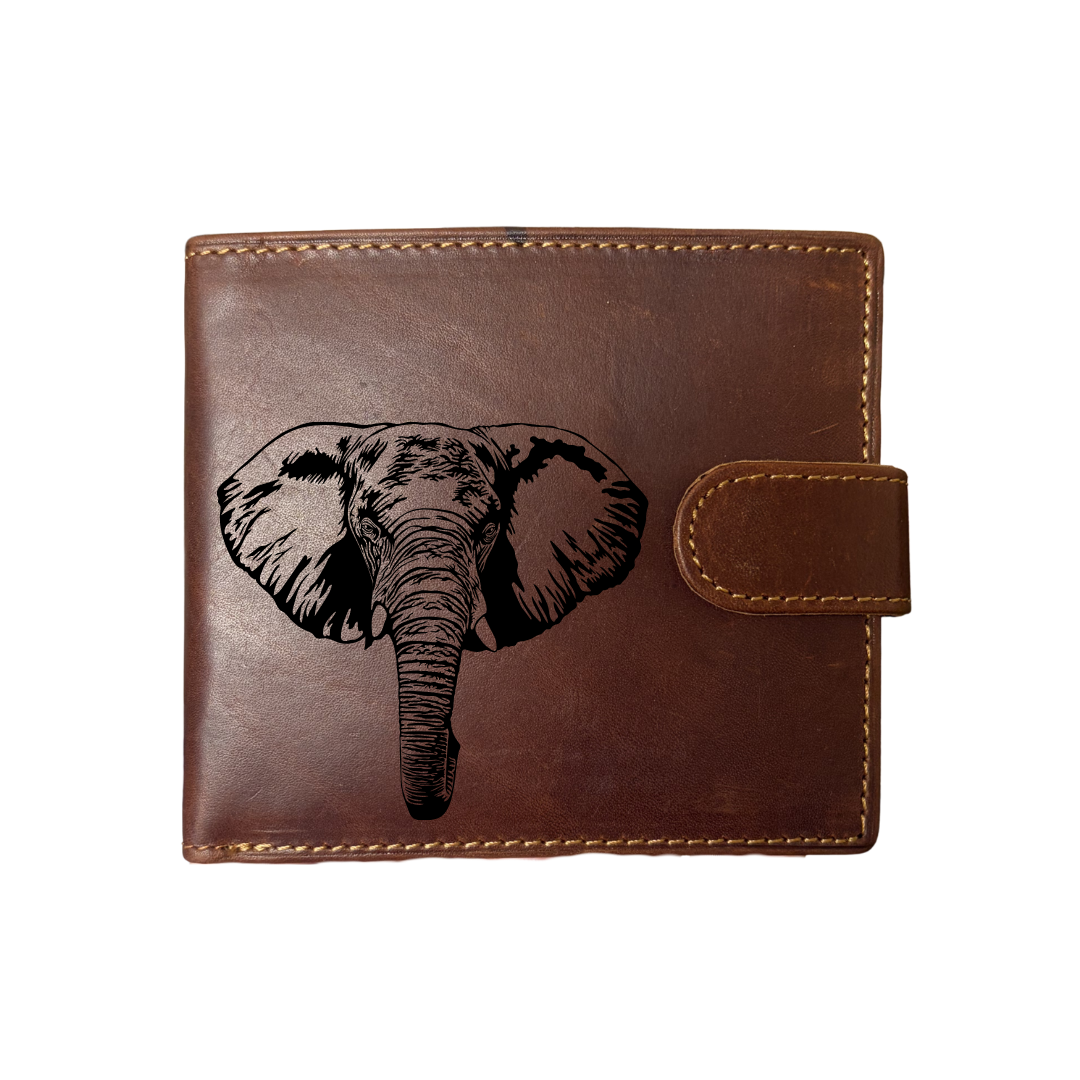 Personalised Elephant Engraved Dark Tan Genuine Leather Wallet