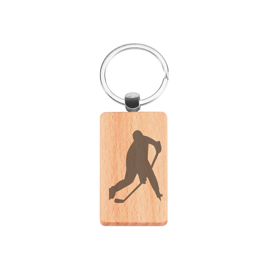 Ice Hockey Player Engraved Rectangle Wooden Keyring
