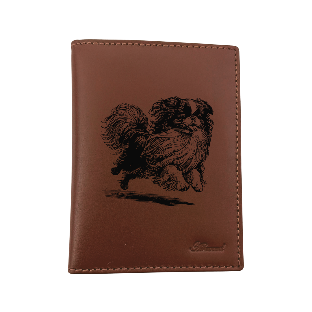 Japanese Chin Running Engraved Leather Passport Cover