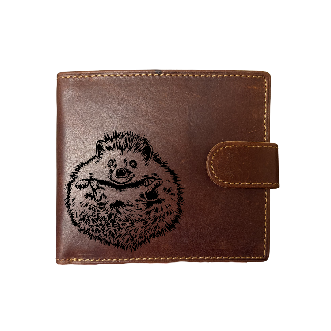 Personalised Hedgehog Belly Engraved Dark Tan Genuine Leather Wallet