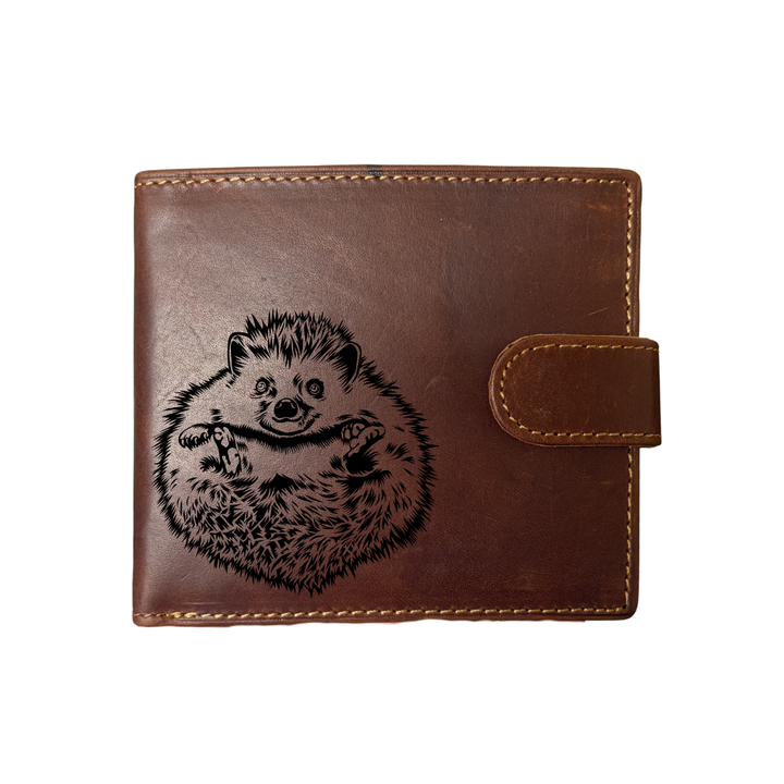 Personalised Hedgehog Belly Engraved Dark Tan Genuine Leather Wallet