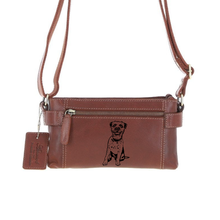 Personalised Border Terrier Sitting Engraved Small Leather Two Section Zip Top Crossbody Bag