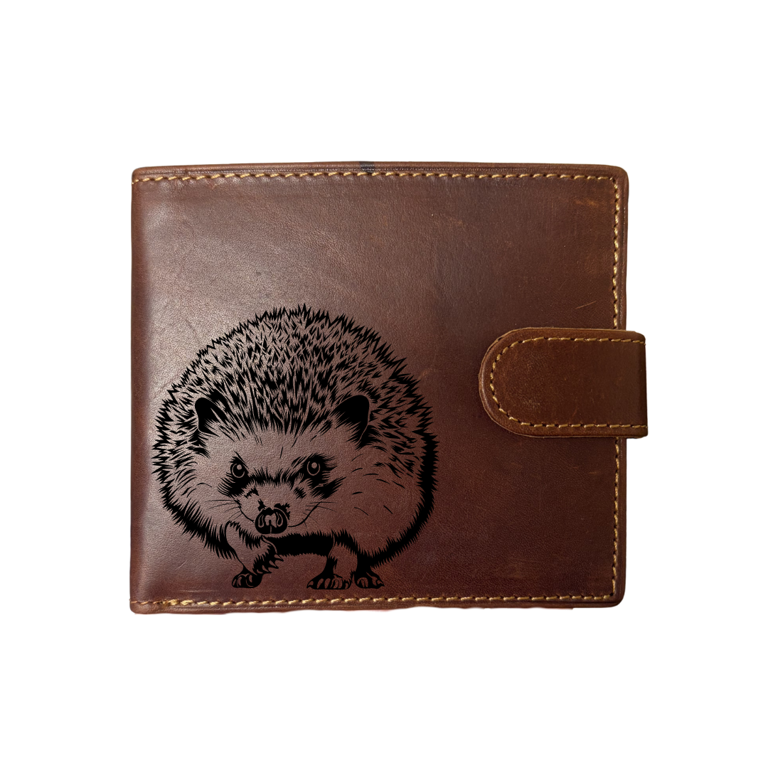 Personalised Hedgehog Standing Engraved Dark Tan Genuine Leather Wallet