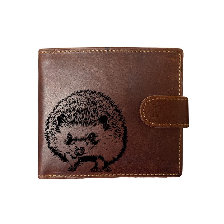 Personalised Hedgehog Standing Engraved Dark Tan Genuine Leather Wallet