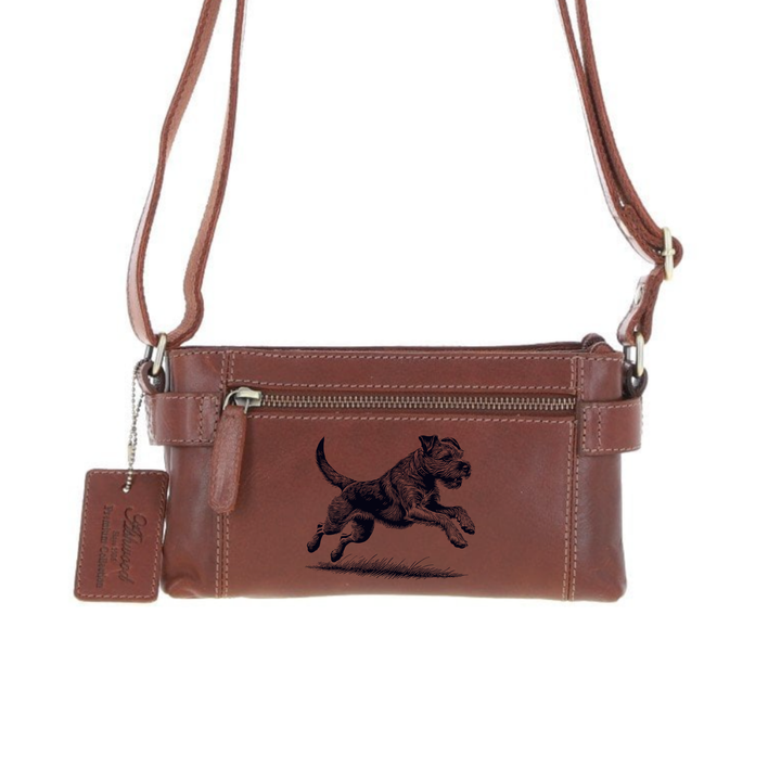 Personalised Border Terrier Running Engraved Small Leather Two Section Zip Top Crossbody Bag
