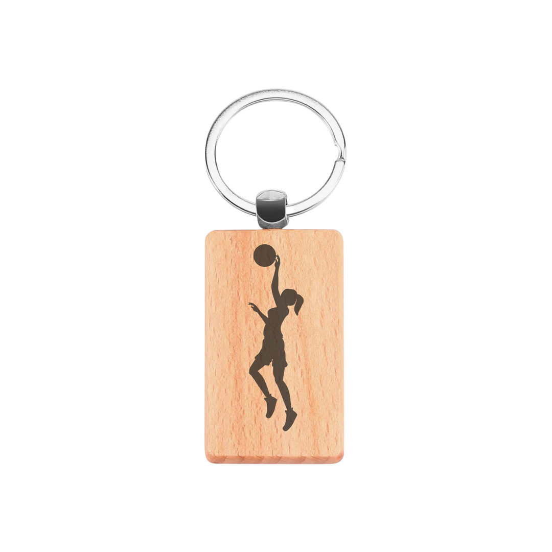 Female Basketball Player Engraved Rectangle Wooden Keyring