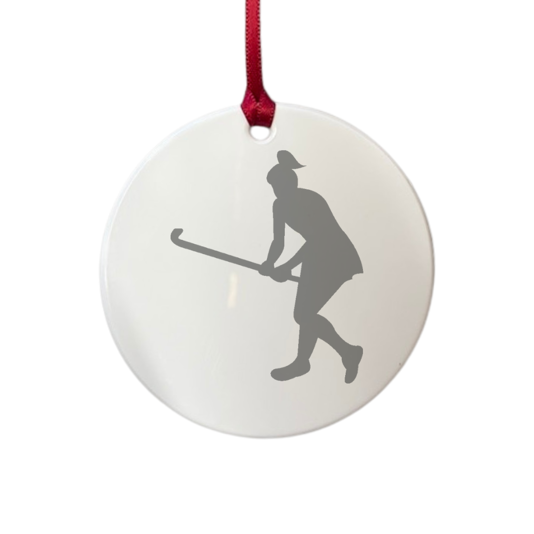 Personalised Female Hockey Player Sports Silhouette Engraved White Acrylic Decoration