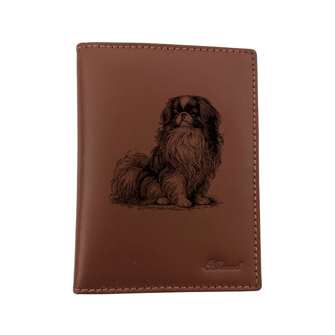 Japanese Chin Sitting Engraved Leather Passport Cover