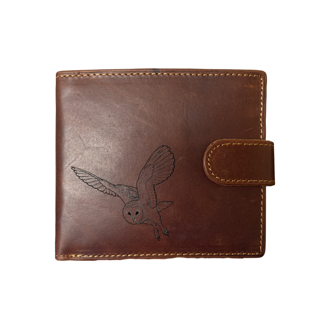 Personalised Flying Barn Owl Engraved Dark Tan Genuine Leather Wallet