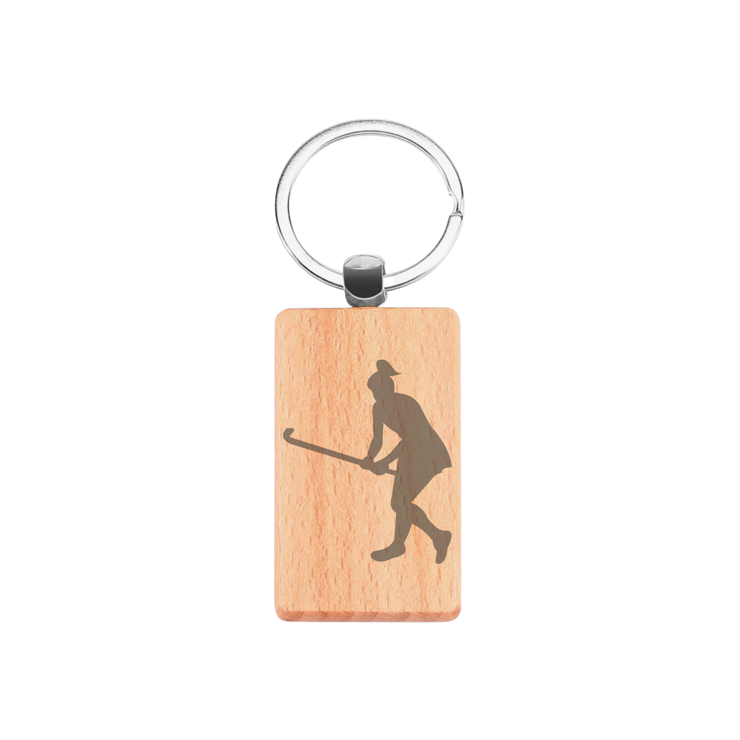Female Hockey Player Engraved Rectangle Wooden Keyring