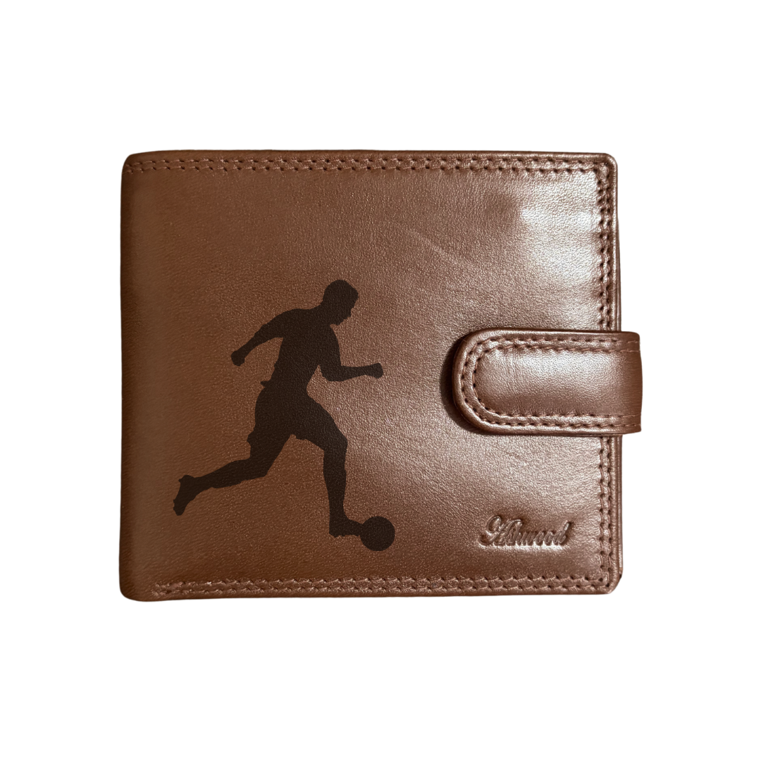 Personalised Football Player Silhouette Engraved Dark Tan Genuine Leather Wallet