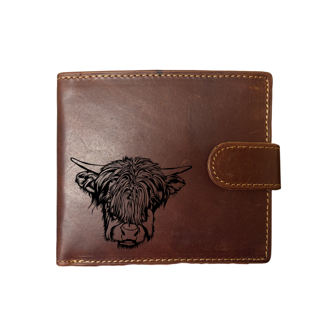 Personalised Highland Cow Face Engraved Dark Tan Genuine Leather Wallet
