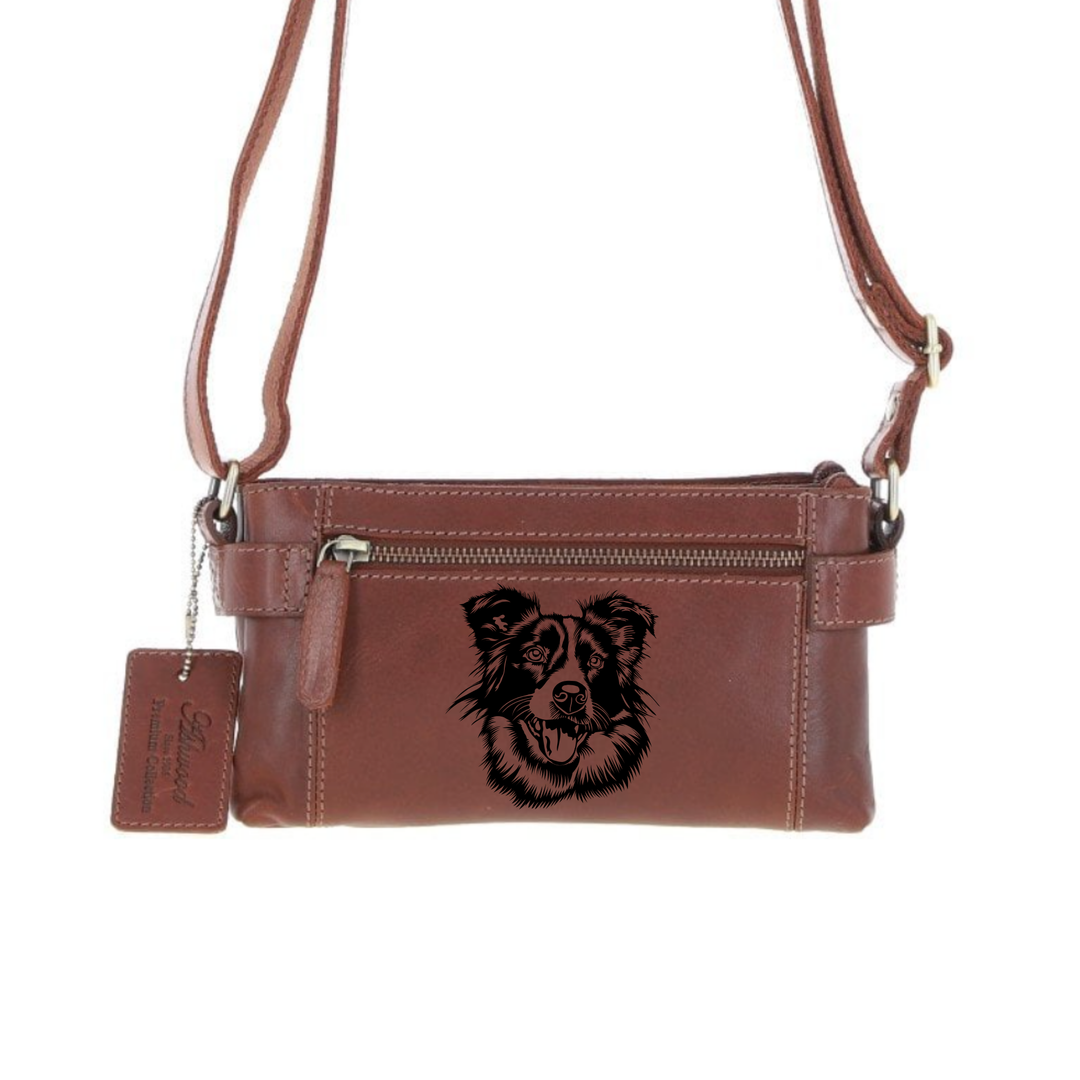 Personalised Border Collie Face Engraved Small Leather Two Section Zip Top Crossbody Bag