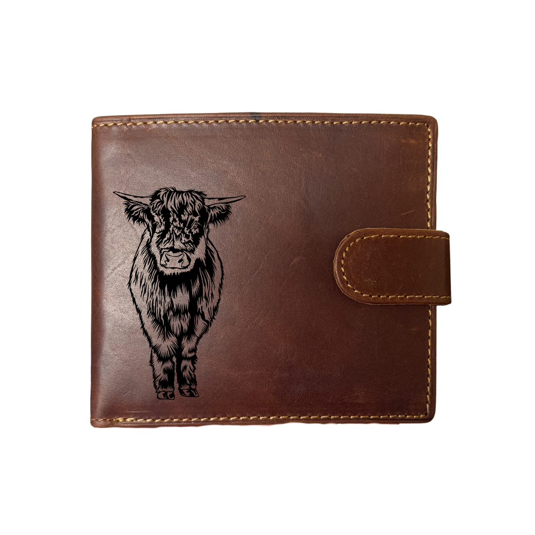 Personalised Highland Cow Standing Engraved Dark Tan Genuine Leather Wallet