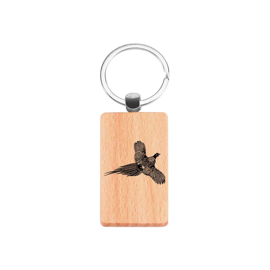 Pheasant Engraved Rectangle Wooden Keyring
