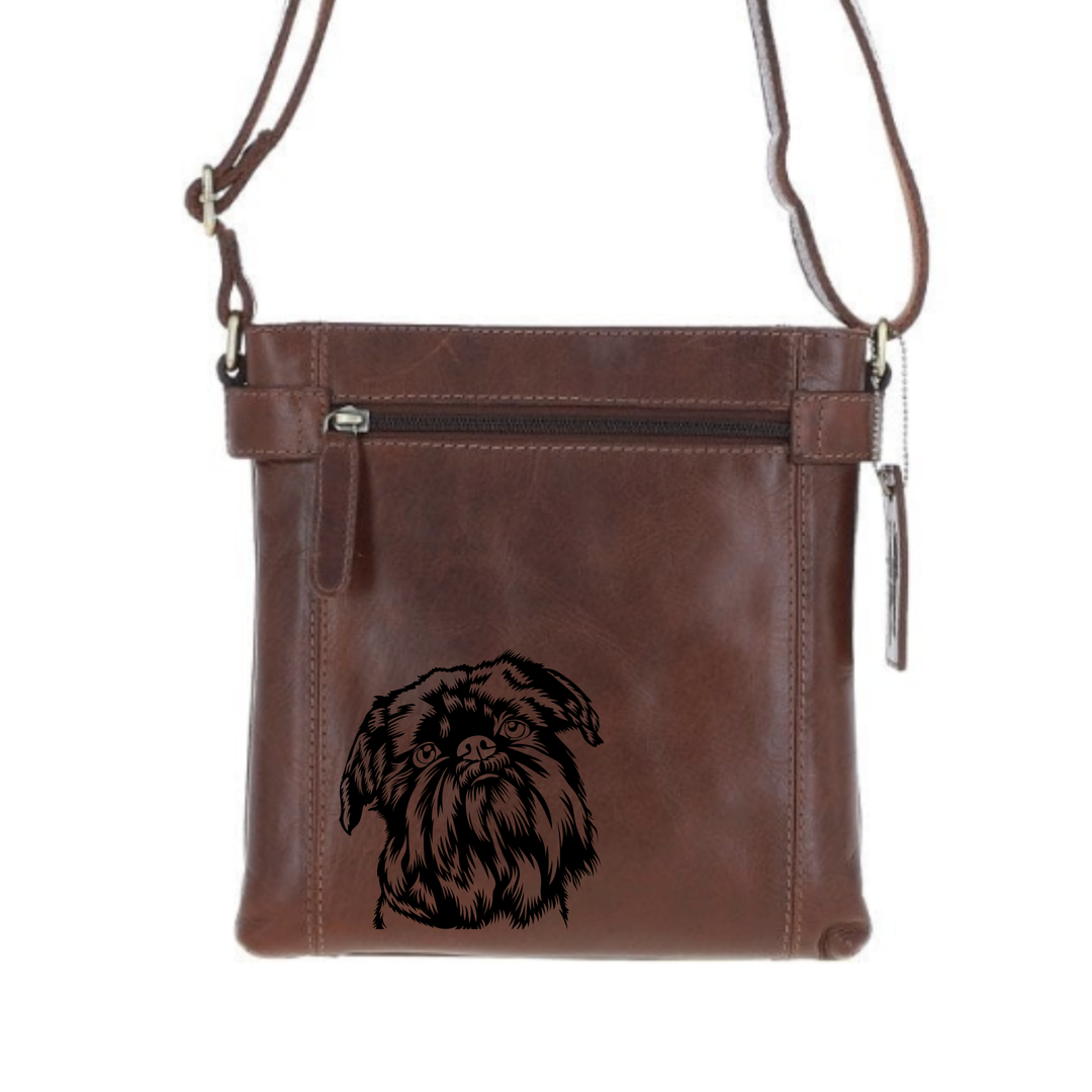 Griffon Bruxellois Engraved Leather Two Section Zip Top Crossbody Bag