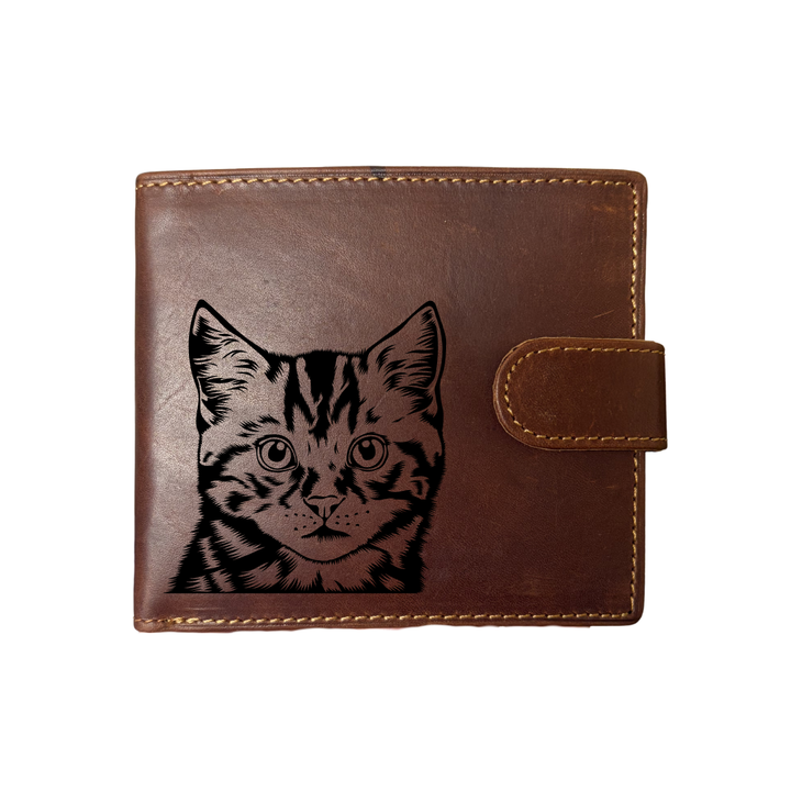 Personalised Tabby Cat Face Engraved Dark Tan Genuine Leather Wallet