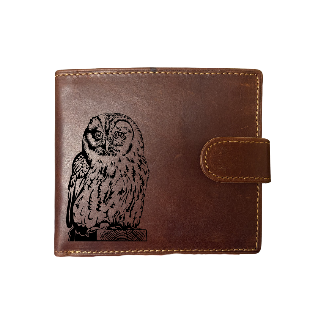 Personalised Owl Engraved Dark Tan Genuine Leather Wallet