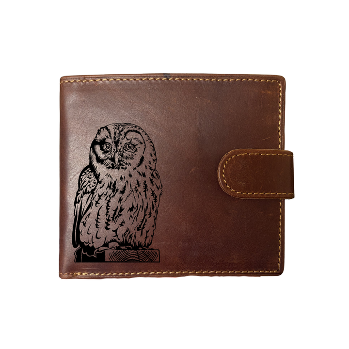 Personalised Owl Engraved Dark Tan Genuine Leather Wallet
