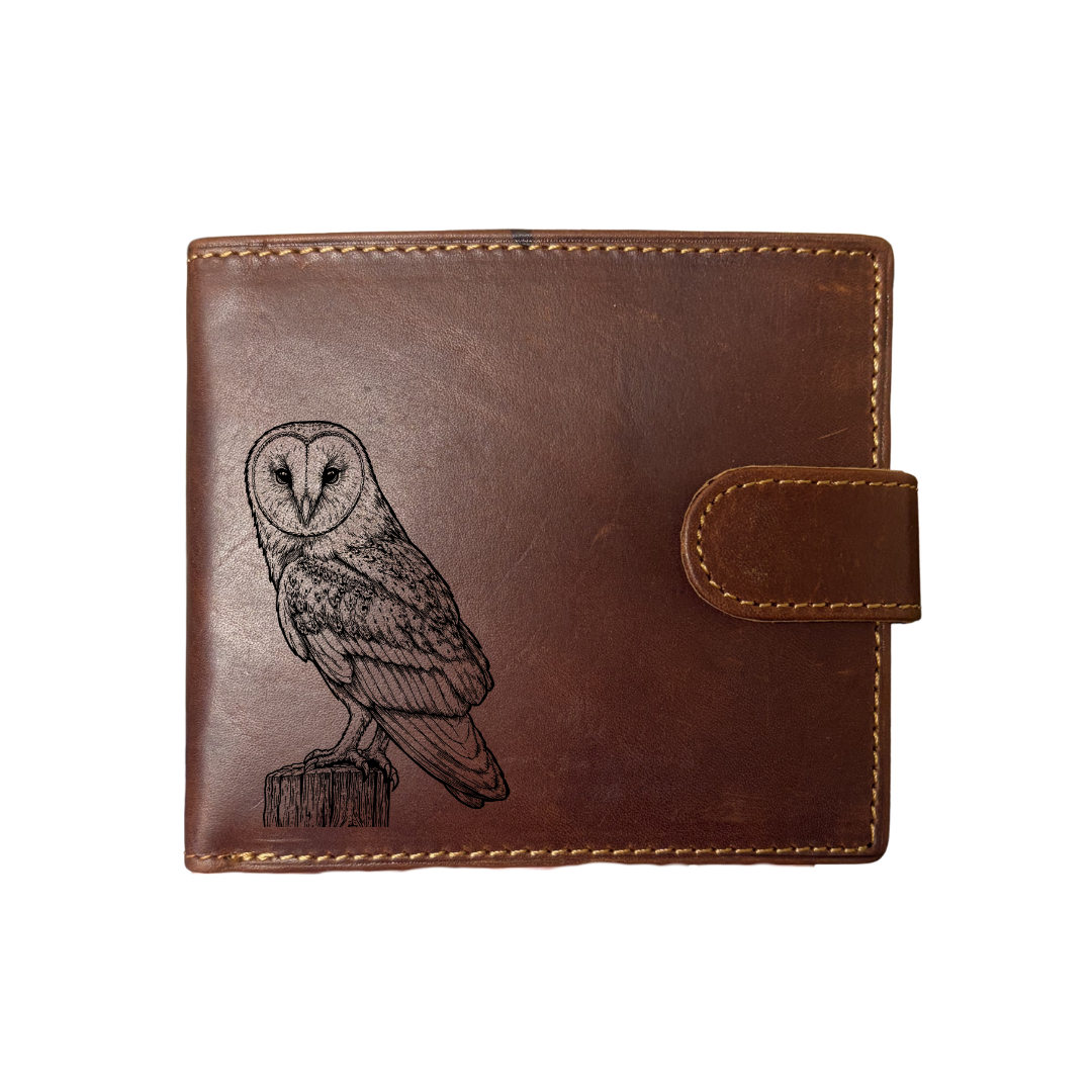 Personalised Barn Owl Engraved Dark Tan Genuine Leather Wallet