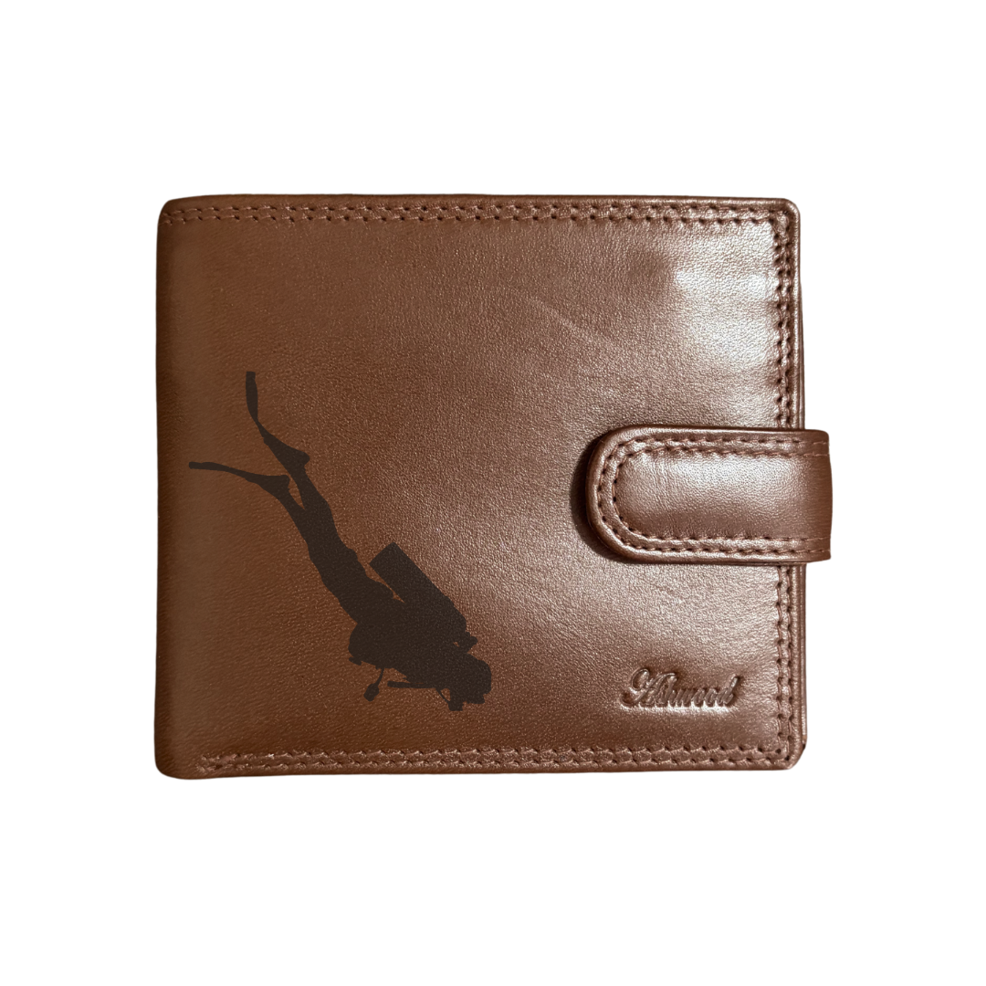 Personalised Scuba Diver Silhouette Engraved Dark Tan Genuine Leather Wallet