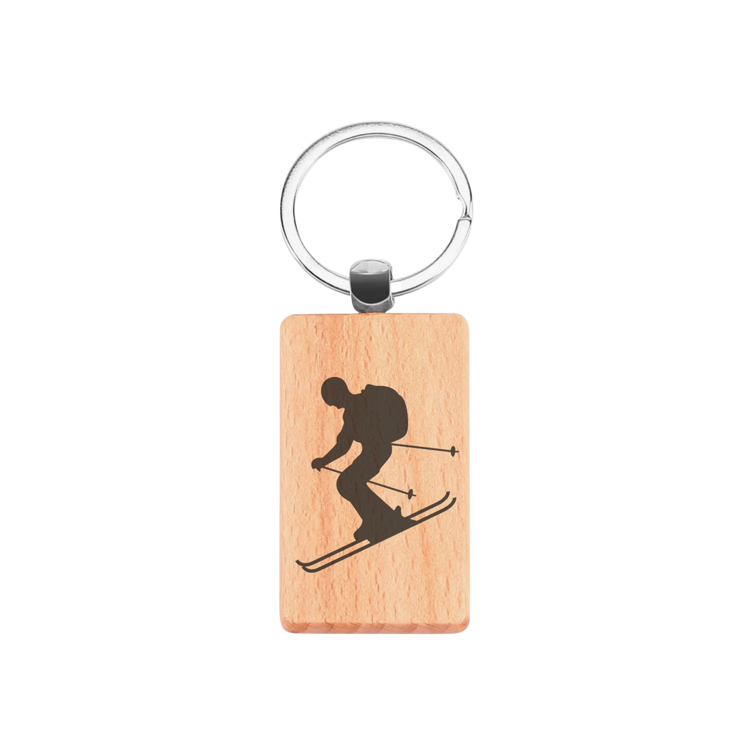 Skiier Engraved Rectangle Wooden Keyring