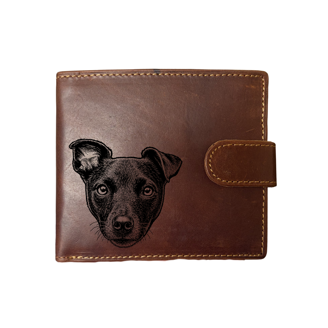 Personalised Patterdale Terrier Face Engraved Dark Tan Genuine Leather Wallet