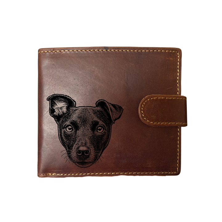 Personalised Patterdale Terrier Face Engraved Dark Tan Genuine Leather Wallet