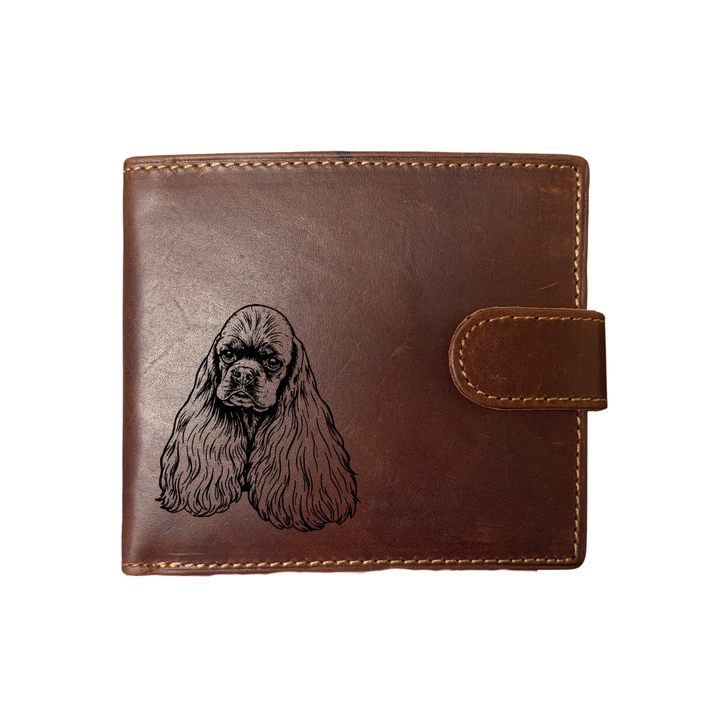 Personalised American Cocker Spaniel Face Engraved Dark Tan Genuine Leather Wallet