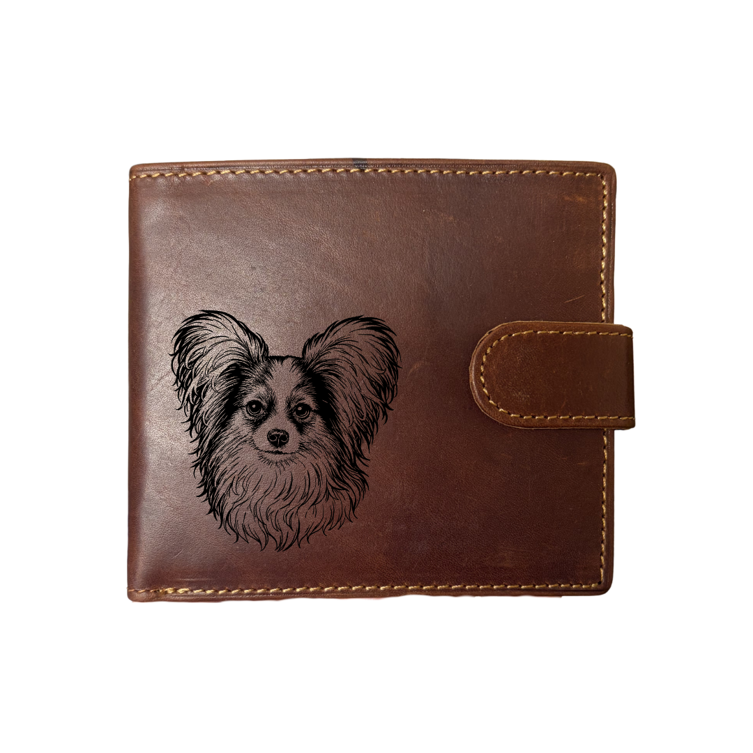 Personalised Papillon Face Engraved Dark Tan Genuine Leather Wallet