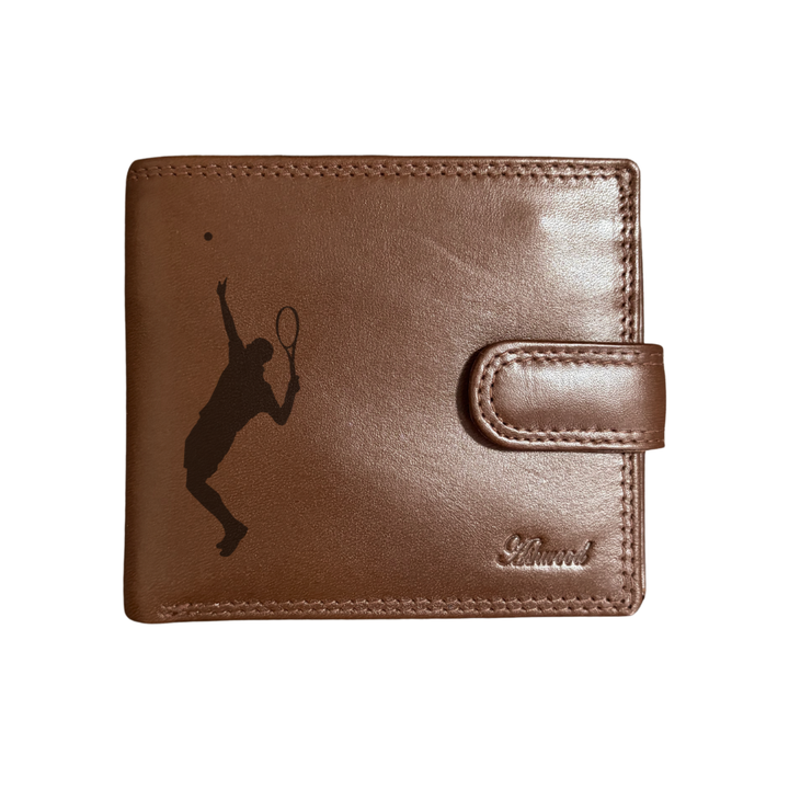 Personalised Male Tennis Player Silhouette Engraved Dark Tan Genuine Leather Wallet
