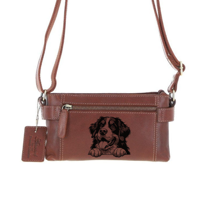 Personalised Bernese Mountain Dog Paws Engraved Small Leather Two Section Zip Top Crossbody Bag