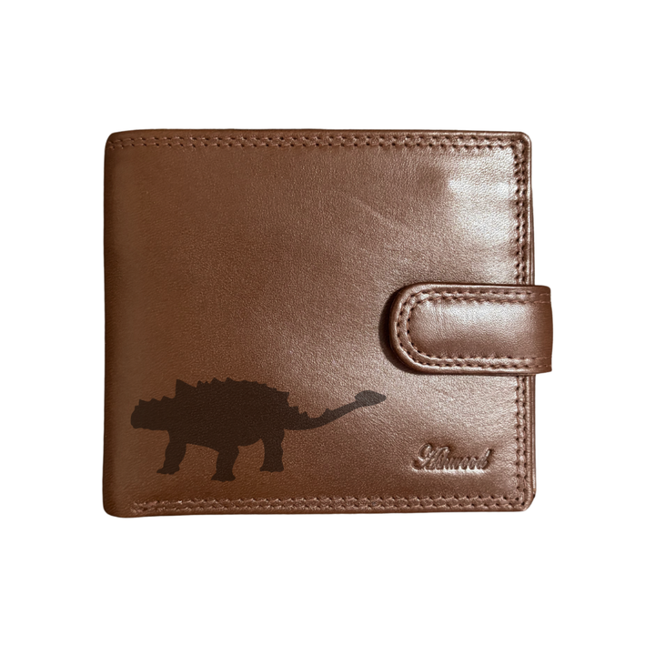 Personalised Ankylosaurus Dinosaur Silhouette Engraved Dark Tan Genuine Leather Wallet