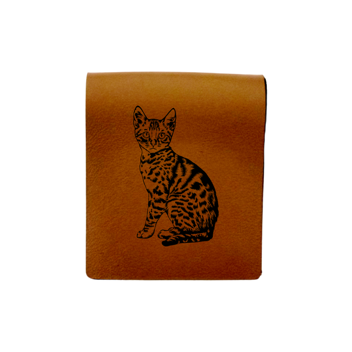 Bengal Cat Sitting Engraved Genuine Leather Magnetic Bookmark