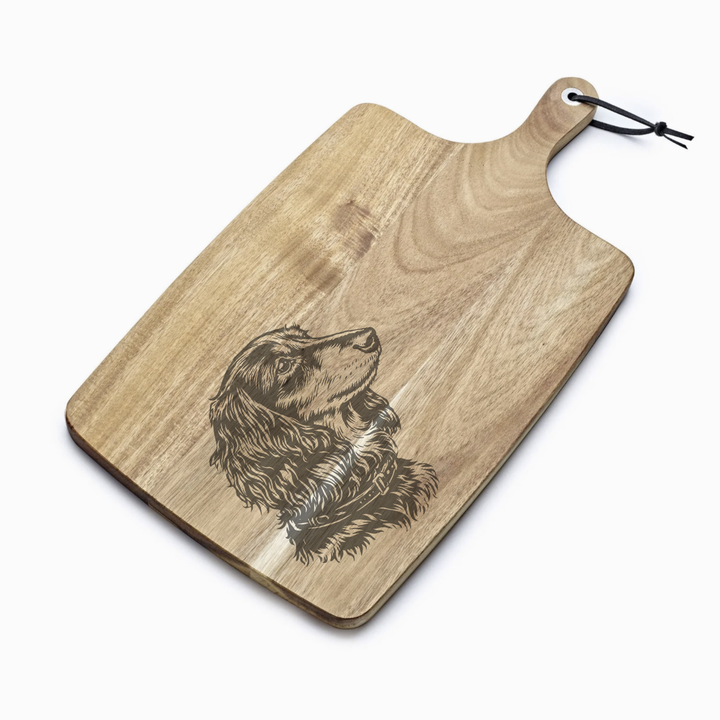 Personalised Longhair Dachshund Face Engraved Acacia Serving Board
