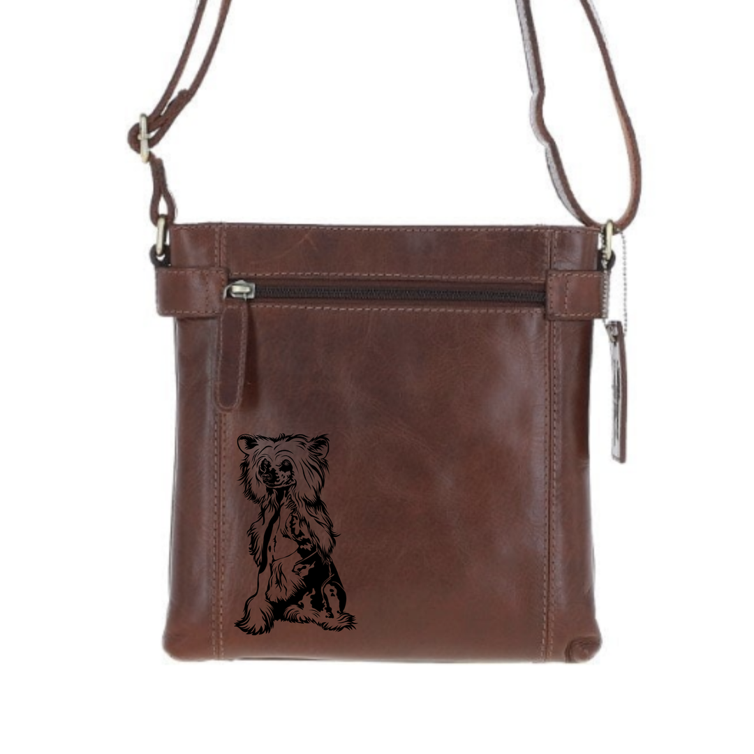Chinese Crested Dog Engraved Leather Two Section Zip Top Crossbody Bag