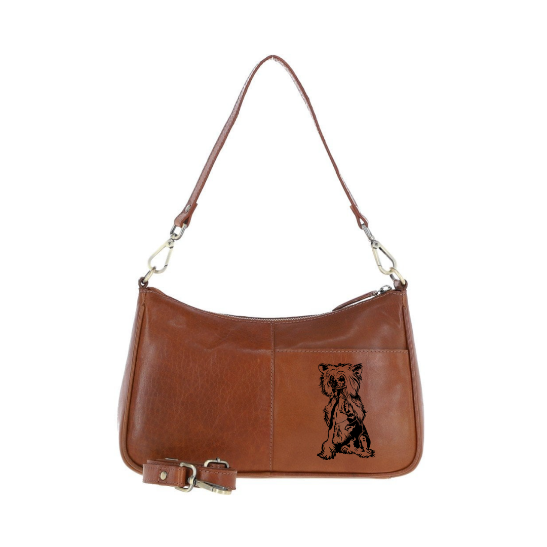 Chinese Crested Dog Engraved Genuine Leather Shoulder Bag